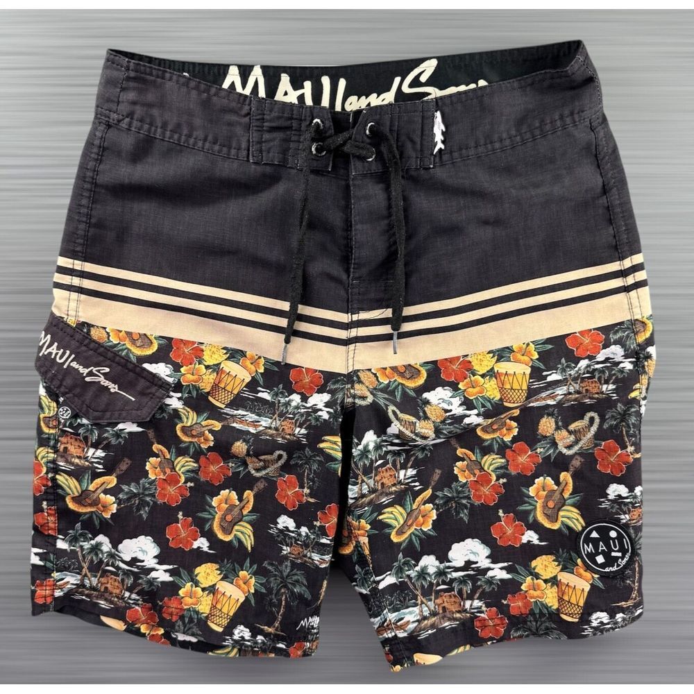 Maui And‎ Sons Board Shorts Men 30 Hawaiian Ukulele Surf Flap Pocket Swim Trunks